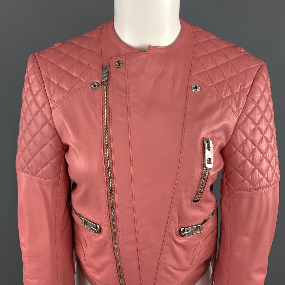 BALENCIAGA Size 6 Pink Quilted Leather Moto Biker Jacket - Picture 4 of 10